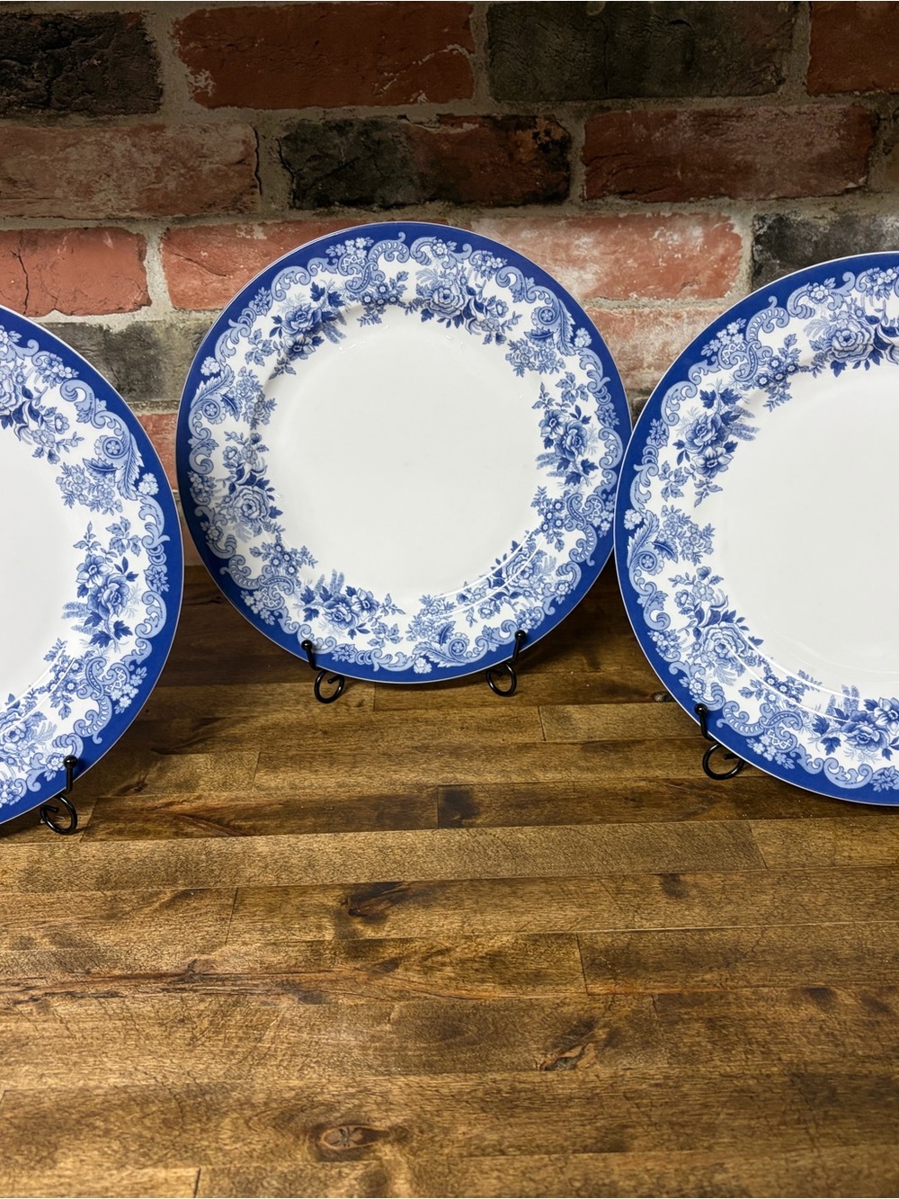 Spode Blue and White Floral Rim Dinner Plates - Set of 3